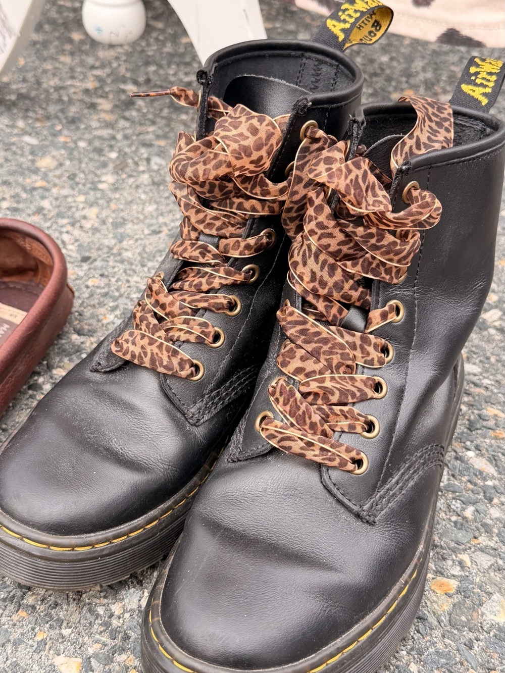 Dr. Martens Black Leather Boots with Leopard-Print Laces